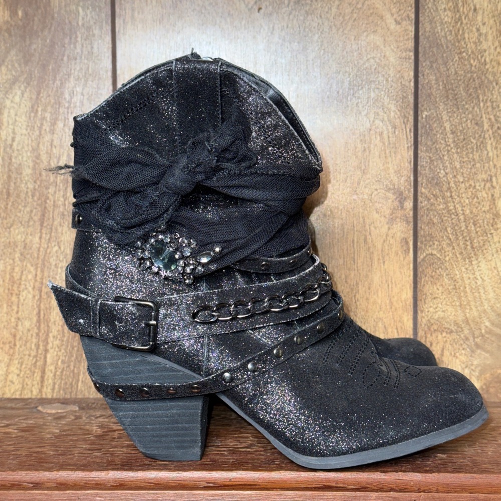 Not Rated Black Glitter Western Ankle Boots Studded Chain Rhinestone Glam Rock 9